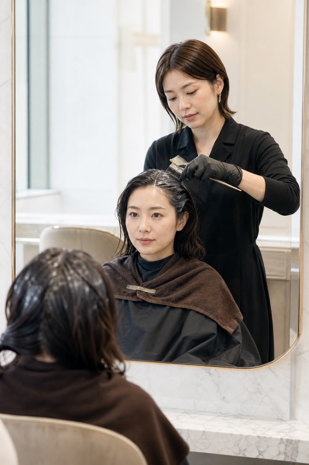 サロンの鏡越しに女性客へヘアカラーを施す日本人スタイリスト