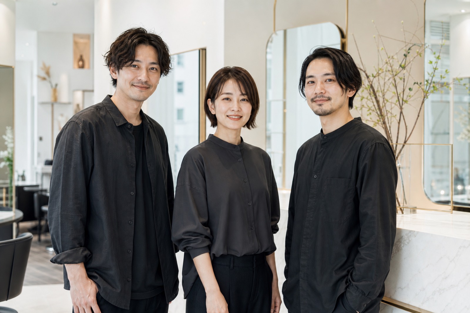 銀座のサロンに立つ黒い制服姿の3人の日本人スタイリスト
