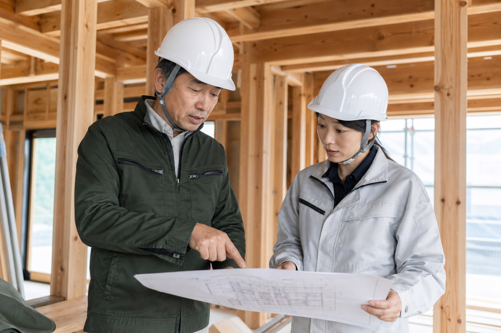木造住宅の建築現場で図面を確認する設計担当者と現場監督