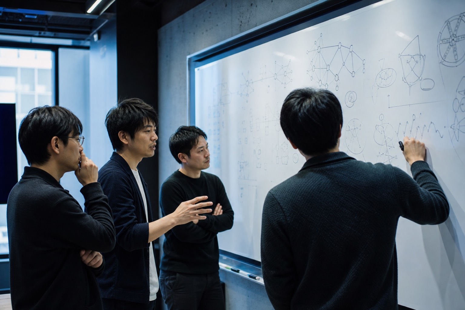 ホワイトボードに技術図を描きながら議論する4人のエンジニア